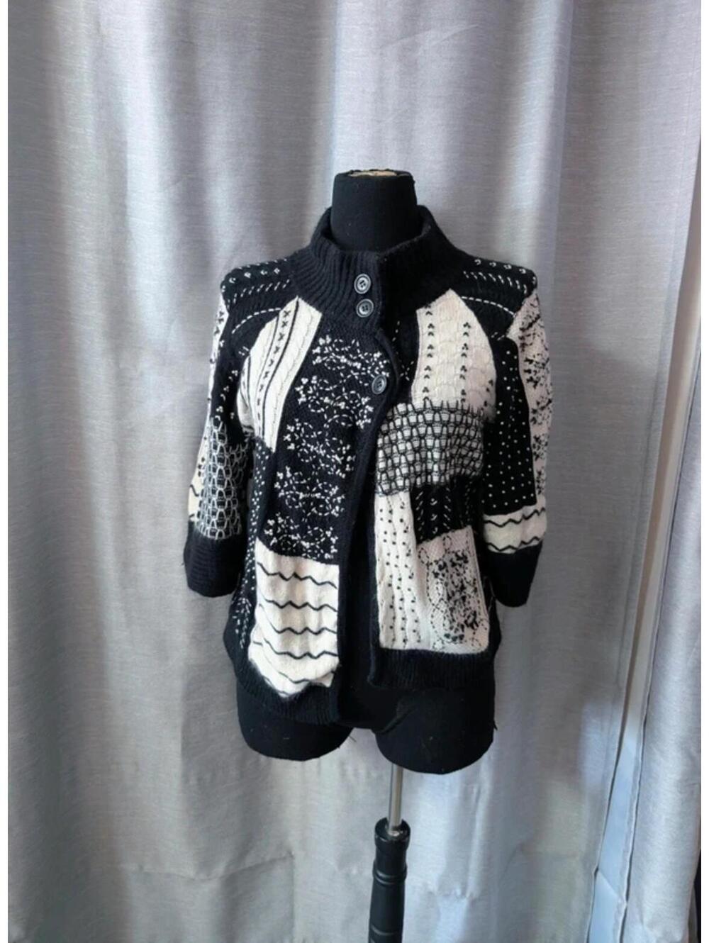 Angora Cardigan Black and White Chunky Patchwork Knit L